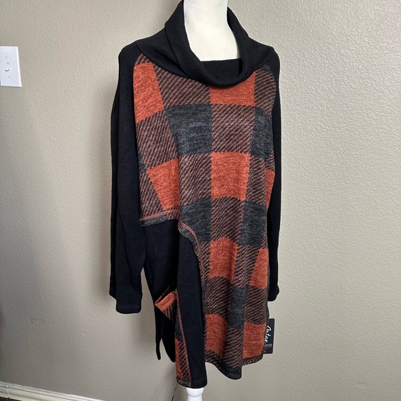 NWT Artex Fashions Plaid Pumpkin Spice Fall Halloween Cozy Cowl Neck Sweater - Picture 8 of 9